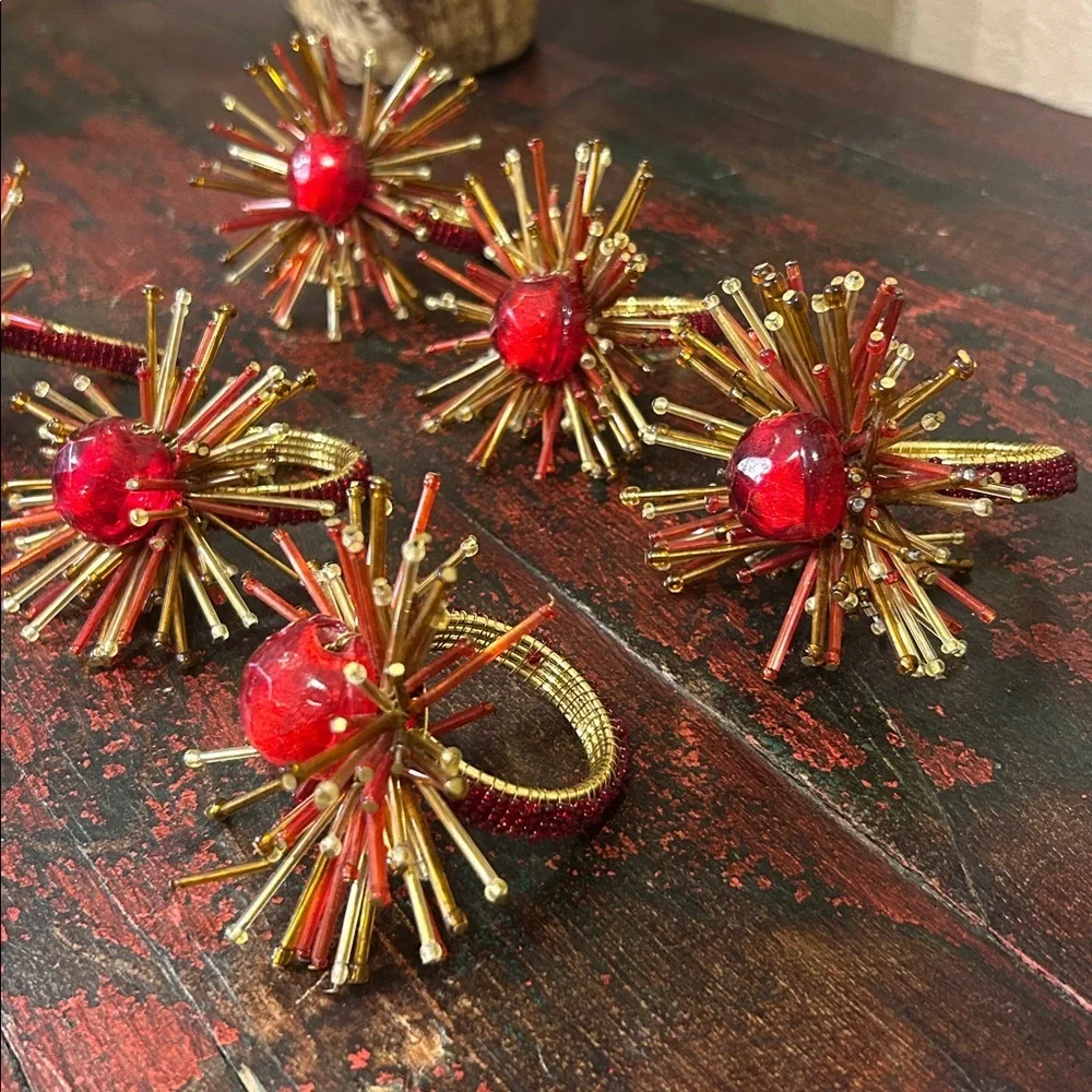 Vintage Pier 1 Atomic Starburst Red Beaded Napkin Ring Set of 6
